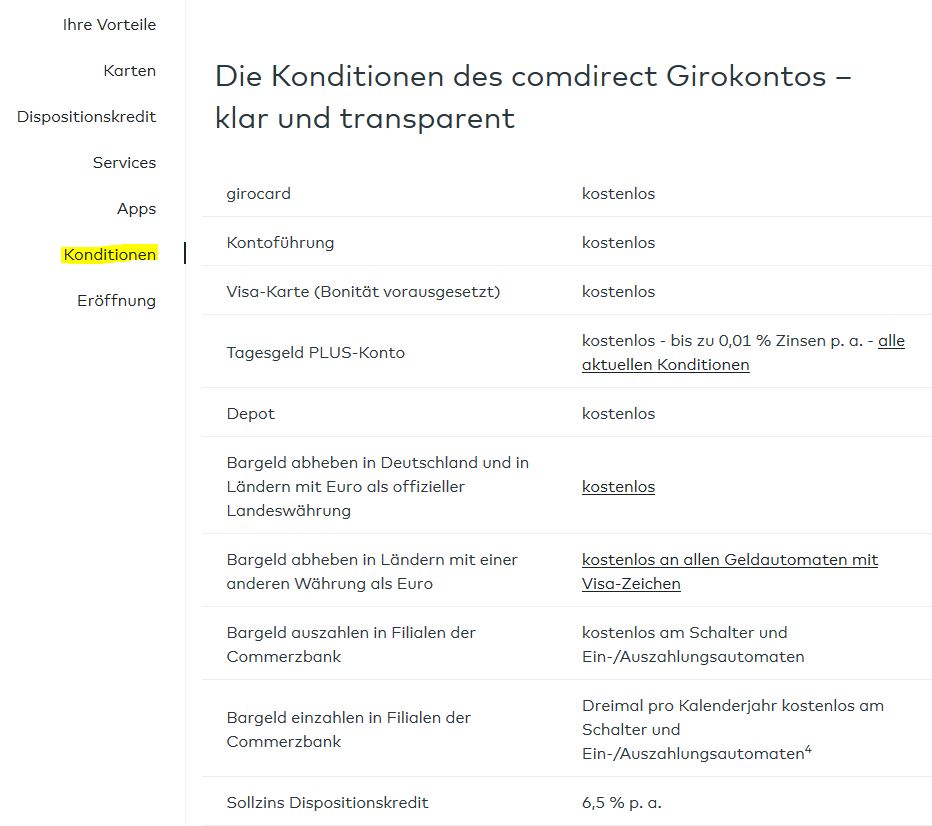 Konditionen für das kostenlose Girokonto und Depot bei Comdirect